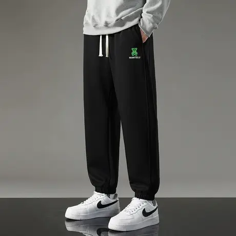 休闲长裤子男秋冬款宽松黑色运动裤小熊九分小脚束脚加绒卫裤百搭商品大图