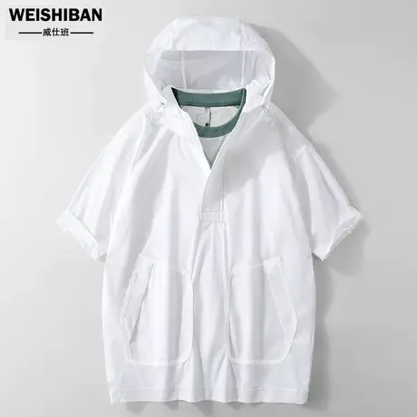 夏季舒适透气纯棉宽松短袖衬衫男套头卫衣2023新款连帽运动衬衣潮商品大图