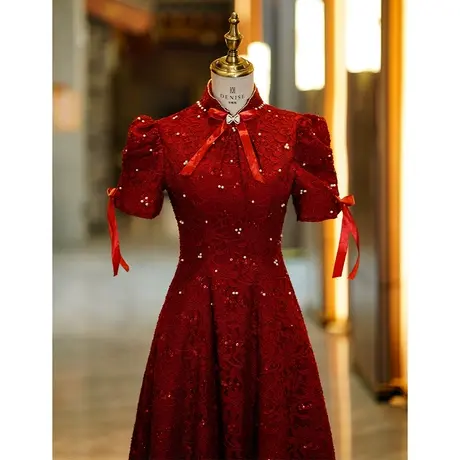 敬酒服旗袍高端年轻款气质2023新款蕾丝短袖中式订婚结婚礼服回门商品大图