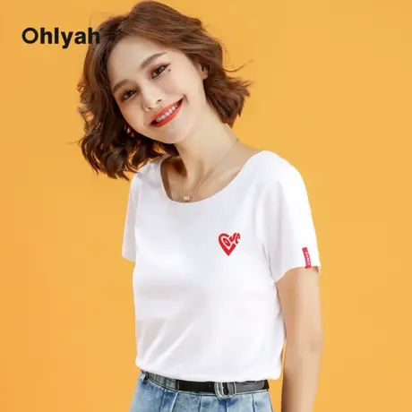 Ohlyah品牌 白色短袖t恤女情侣爱心印花简约修身大领口上衣ins潮图片