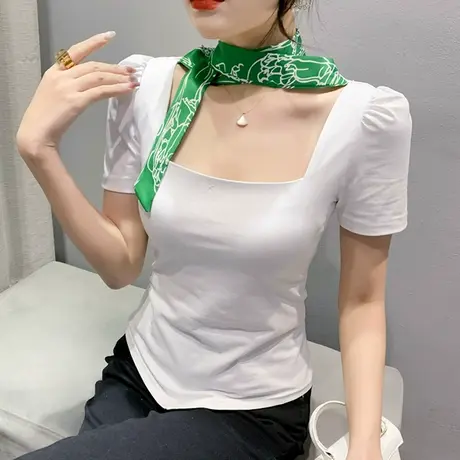 复古气质女装设计感系带方领T恤短袖时尚泡泡袖上衣显瘦修身小衫商品大图