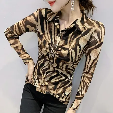 套头衬衫女2023春秋新款设计感小众修身显瘦上衣时尚豹纹长袖衬衣图片