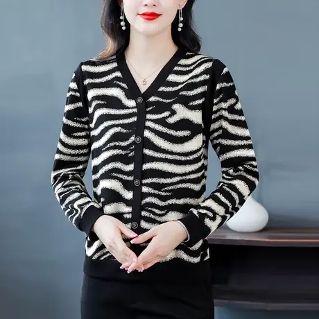 V领长袖打底衫女2023秋冬装加绒加厚保暖条纹百搭洋气妈妈女上衣商品大图