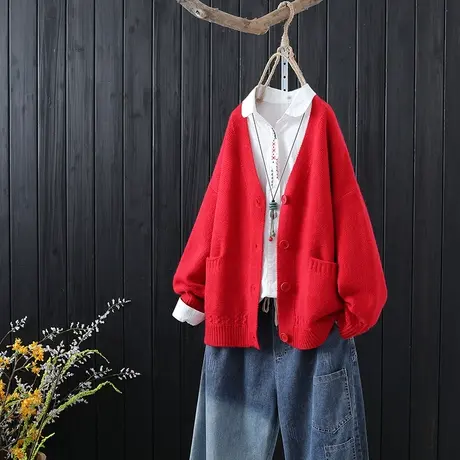 秋冬新款上衣女装文艺范纯色宽松毛衣V领长袖单排扣针织开衫外套图片