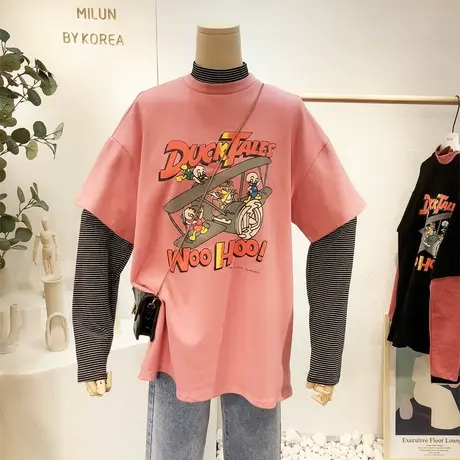 2021春款韩国东大门cec休闲拼接条纹磨毛T恤假两件打底衫大码欧货商品大图