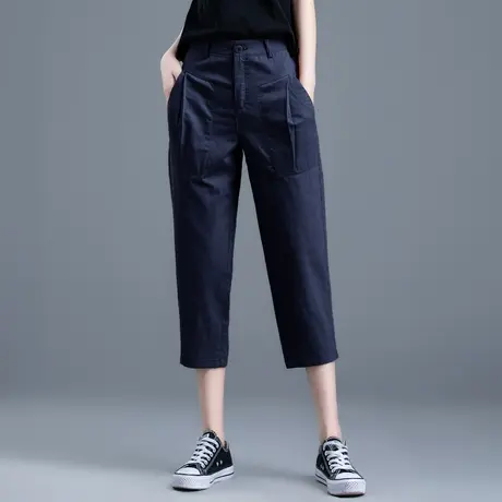 藏青色棉麻七分裤女宽松亚麻裤子2023新款小个子哈伦休闲裤夏薄款商品大图