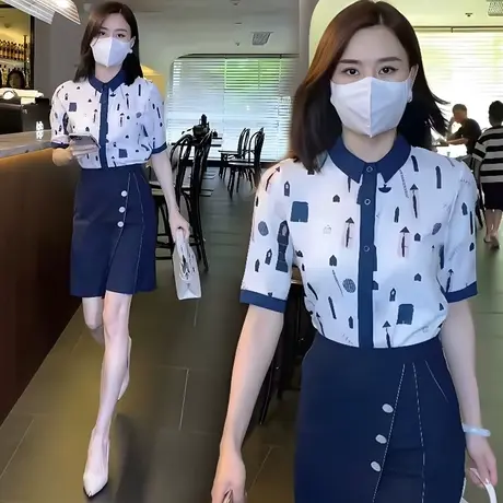 爆款印花衬衣女时尚短袖上衣2023夏装衬衫设计感职业通勤小衫图片