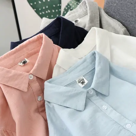 2020春装日系文艺小清新翻领纯棉衬衫女长袖纯色双层纱棉打底衬衣商品大图