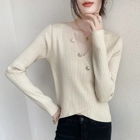 V领纯色针织打底衫2023春季女装新款修身显瘦内搭设计感小众上衣图片