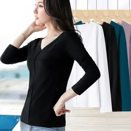 黑色打底衫女春秋季v领长袖修身显瘦内搭百搭2023年纯棉可外穿t恤图片