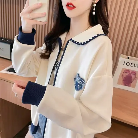 早秋娃娃领外套女春秋季韩版宽松初秋撞色薄款百搭小香风开衫卫衣图片