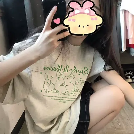灰色正肩短袖t恤女小个子夏季兔子印花ins潮港味chic复古宽松上衣图片