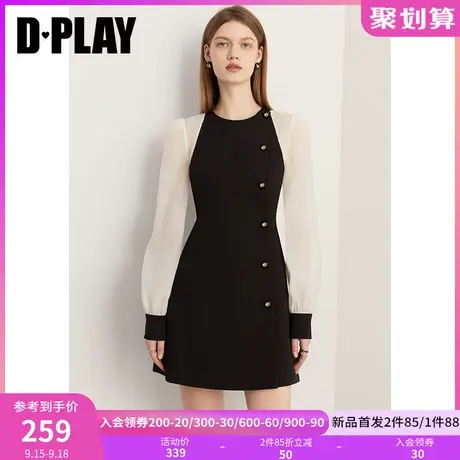 DPLAY2023秋装法式优雅黑拼杏撞色泡泡袖侧门襟长袖连衣裙小黑裙图片