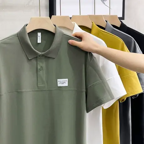夏季新款拼接翻领针织短袖POLO衫男潮牌休闲宽松日系纯色男士T恤商品大图