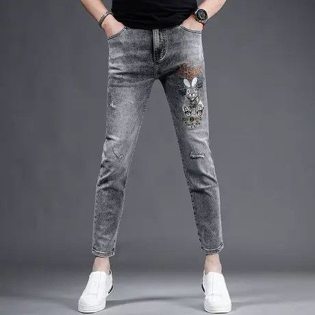 九分牛仔裤男2023夏季新款潮牌刺绣修身小脚男士黑灰色弹力裤子男商品大图