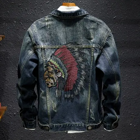 日系复古民族风牛仔外套男刺绣原宿街头潮牌牛仔服夹克男褂子韩版图片