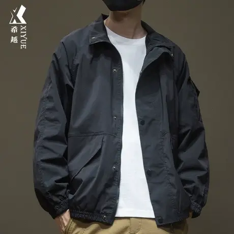 希越翻领防水冲锋衣男秋季宽松大码创意刺绣拼接防风工装飞行夹克图片