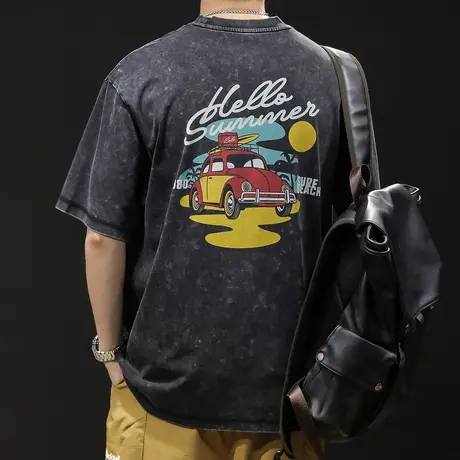 美式潮牌短袖t恤男士半袖水洗夏季2023新款衣服男款大码纯棉男装商品大图