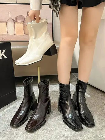 粗跟短靴女2023新款春秋季瘦瘦靴时尚百搭高跟靴子复古及踝马丁靴图片