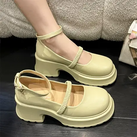 永希玛丽珍鞋女夏季2023年新款浅口粗跟高跟单鞋圆头配裙子小皮鞋商品大图