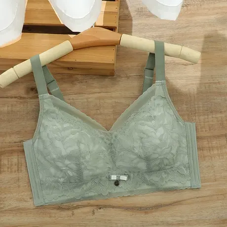 大码胸罩薄款超薄内衣女大胸显小文胸显瘦收副乳防下垂上托夏季绿图片