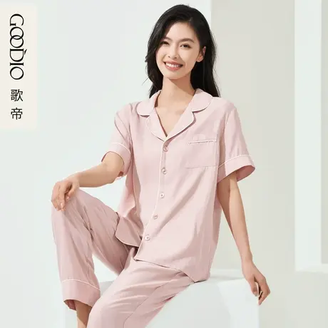 歌帝夏季女士薄款水波纹家居服女套装休闲宽松透气简约睡衣2件套商品大图