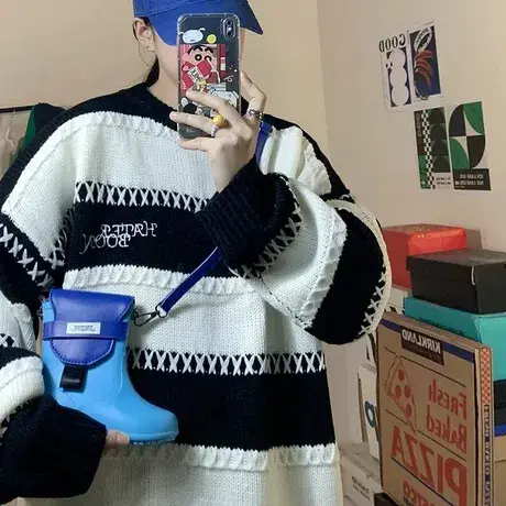 春秋季毛衣大码胖mm女装宽松外穿慵懒风条纹情侣针织衫上衣200斤商品大图