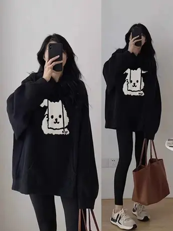 黑色连帽卫衣女春秋新款大码胖mm加绒加厚宽松oversize慵懒风上衣商品大图