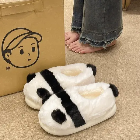 毛毛棉拖鞋女冬季可爱卡通熊猫学生宿舍室内包跟厚底保暖毛绒棉鞋商品大图