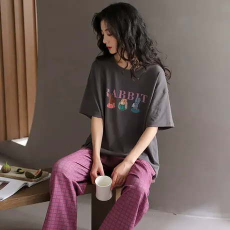 婷美纯棉睡衣女夏季薄款短袖格子长裤套头夏天休闲大码家居服套装图片