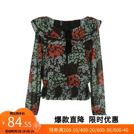 【艾格】雪纺衫T恤上衣2023春季新款女系带荷叶边娃娃领一字肩商品大图