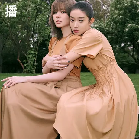 播木耳边拼接连衣裙女2023夏季新款裙子圆领短袖褶皱高腰中长裙图片