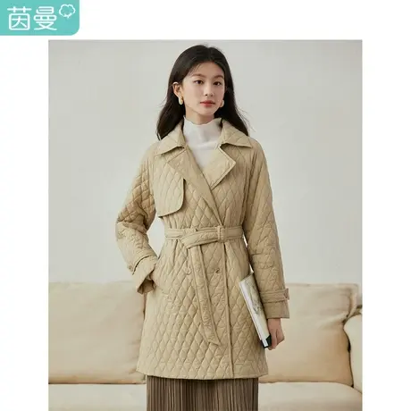 茵曼休闲翻领风衣女2023年冬季新款文艺菱格系带收腰显瘦长袖外套图片
