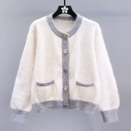 小香风撞色软糯水貂绒毛衣外套女秋冬2023新款宽松高级感针织开衫图片