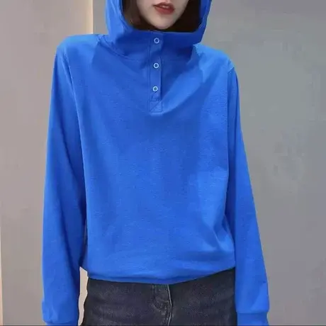 欧货欧洲站宽松长袖体恤女2023春秋新款韩版连帽修身百搭上衣女潮商品大图
