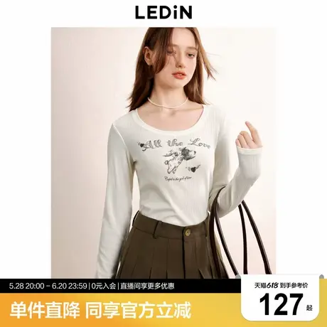 乐町高知学院风秋季新款丘比特兔子印花抽褶修身肌理长袖T恤商品大图