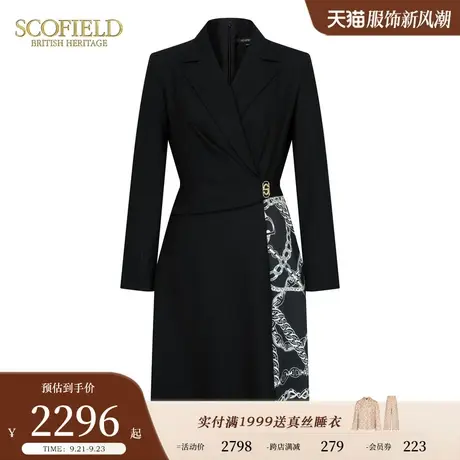 【含羊毛】Scofield女优雅通勤西服领拼接印花连衣裙2023秋冬新款图片