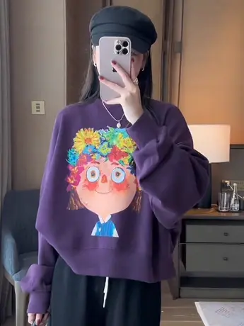 早秋新款高级感韩版小女孩涂鸦卫衣女设计款宽松圆领长袖亲肤上衣商品大图