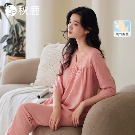 秋鹿【直播专享】带胸垫睡衣针织提花牡丹花印花七分袖九分裤女套商品大图