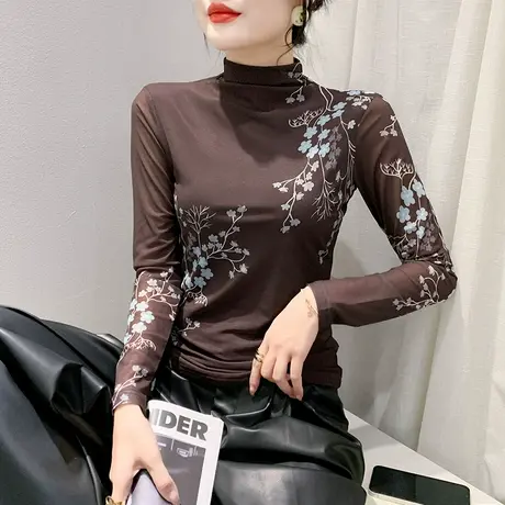半高领网纱T恤女长袖气质减龄印花上衣洋气修身加绒打底衫秋冬ins商品大图