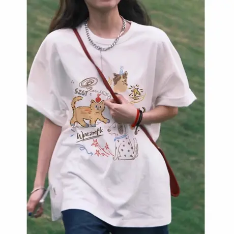 美式复古白色纯棉夏季短袖t恤女2025新款宽松小个子ins国潮牌上衣图片