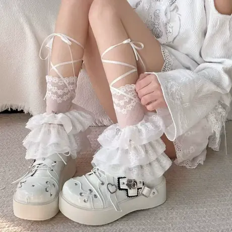 25日系蕾丝花边小腿袜春夏薄款网纱透明女堆堆袜jk蝴蝶结袜亚文化图片