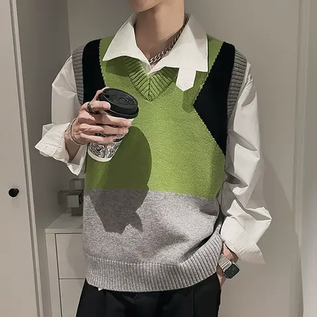 早秋V领针织马甲男潮流韩版小众拼色设计感ins宽松学生毛衣坎肩图片