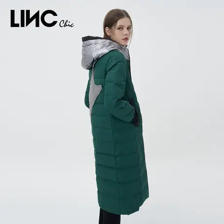 LINC金羽杰2019新款时尚修身连帽印花长款过膝羽绒服女8424414商品大图