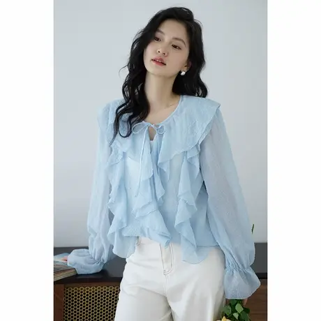 嘉茱莉2025春季新款法式衬衫女氛围感套头上衣褶边设计感小衫蓝色图片