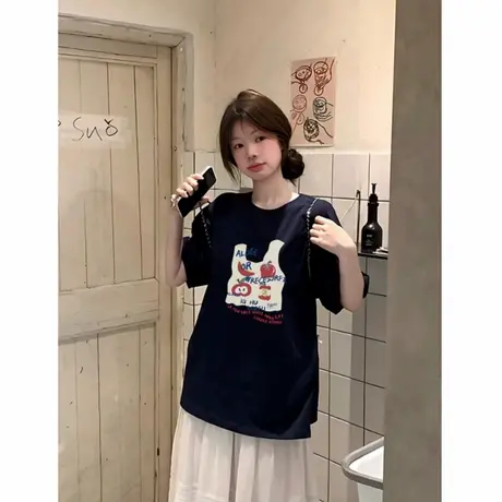 纯棉重磅藏藏蓝色圆领短袖t恤女夏季美式复古宽松休闲高级感上衣商品大图