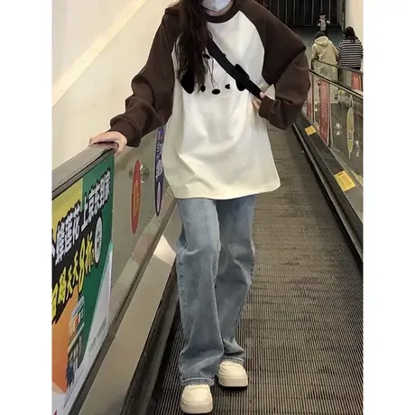 ins超火长袖T恤卫衣女春秋薄款洋气减龄宽松显瘦撞色拼接插肩上衣商品大图