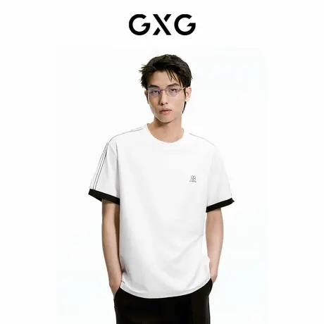 【X】GXG男装黑白撞色设计复古休闲圆领短袖T恤男生上衣24夏商品大图