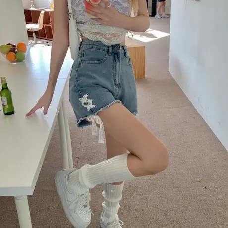 牛仔短裤女夏季薄款2025新款辣妹风设计感大码胖mm高腰阔腿热裤子商品大图