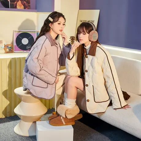 【防水】唐狮2024新款冬季穿搭短款菱格羽绒服女撞色拼接翻领冬装图片